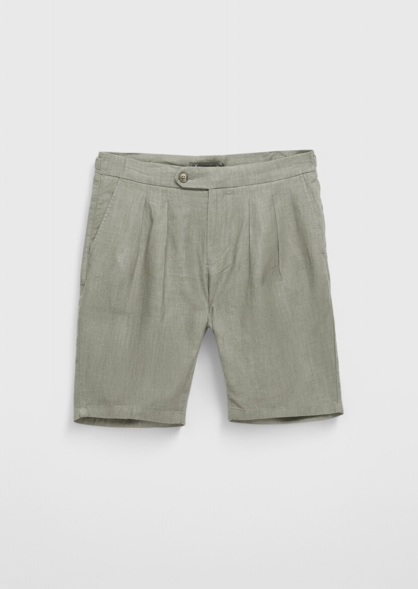 Vizon Düz Dokuma Carrot Fit Casual %100 Keten Bermuda 