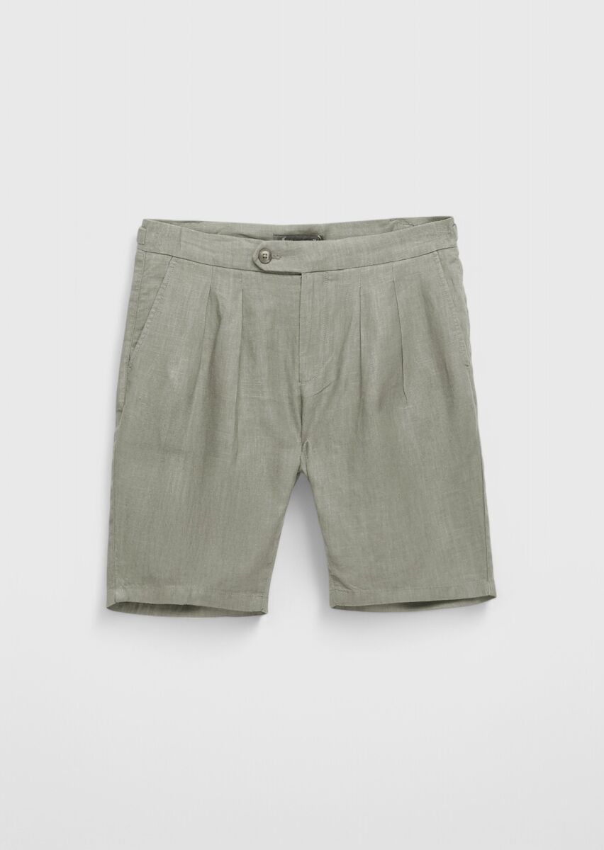 Vizon Düz Dokuma Carrot Fit Casual %100 Keten Bermuda - 1