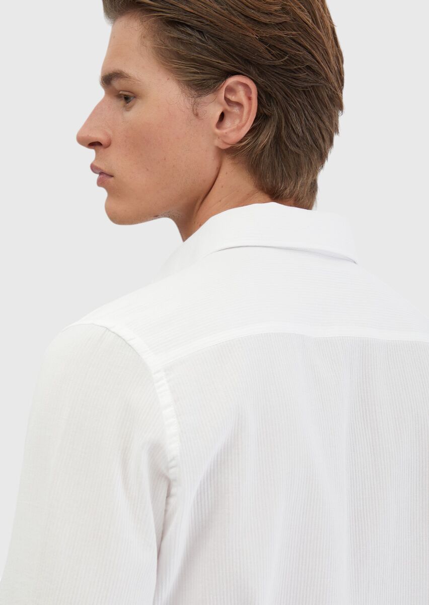 White Plain Casual Fit Weaving Casual 100% Cotton Shirt - 5