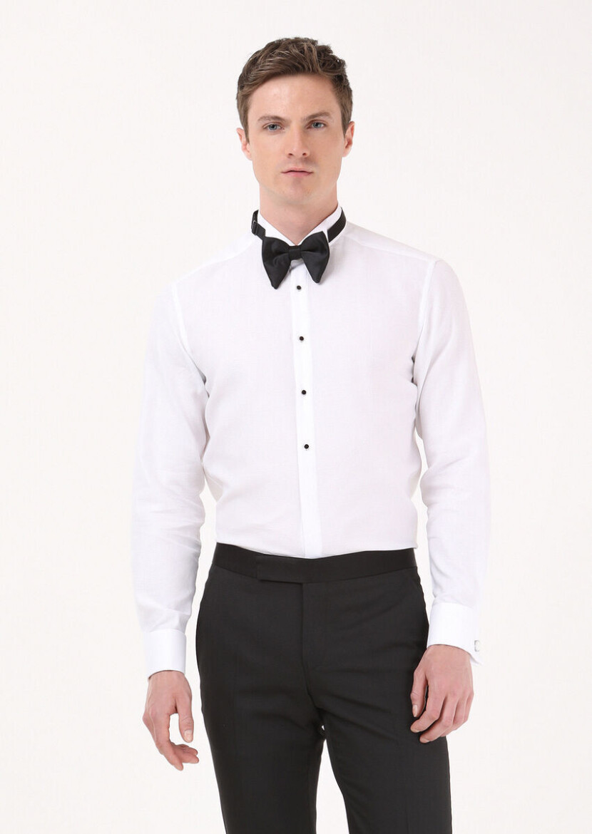 White Plain Fitted Fit Double Cuff Wing Collar Tuxedo Shirts - RAMSEY