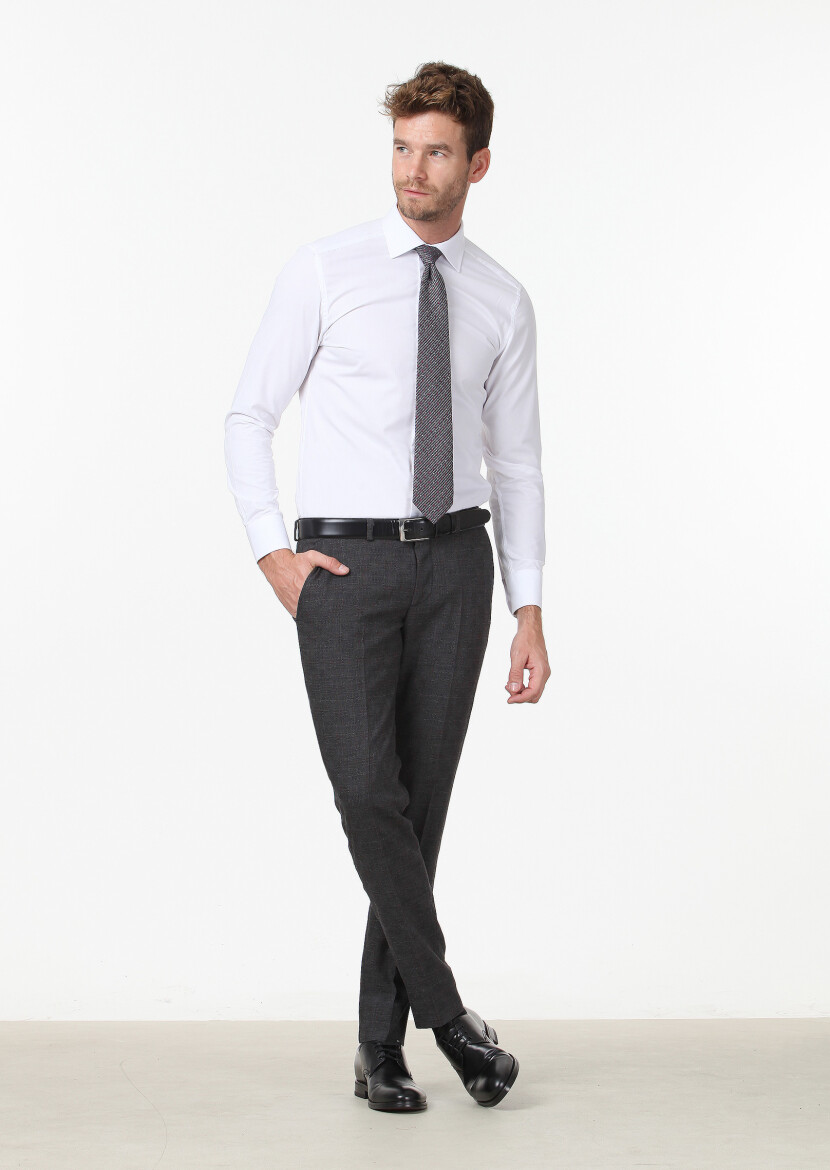 White Plain Fitted Fit Weaving Classical Cotton Blended Shirt 