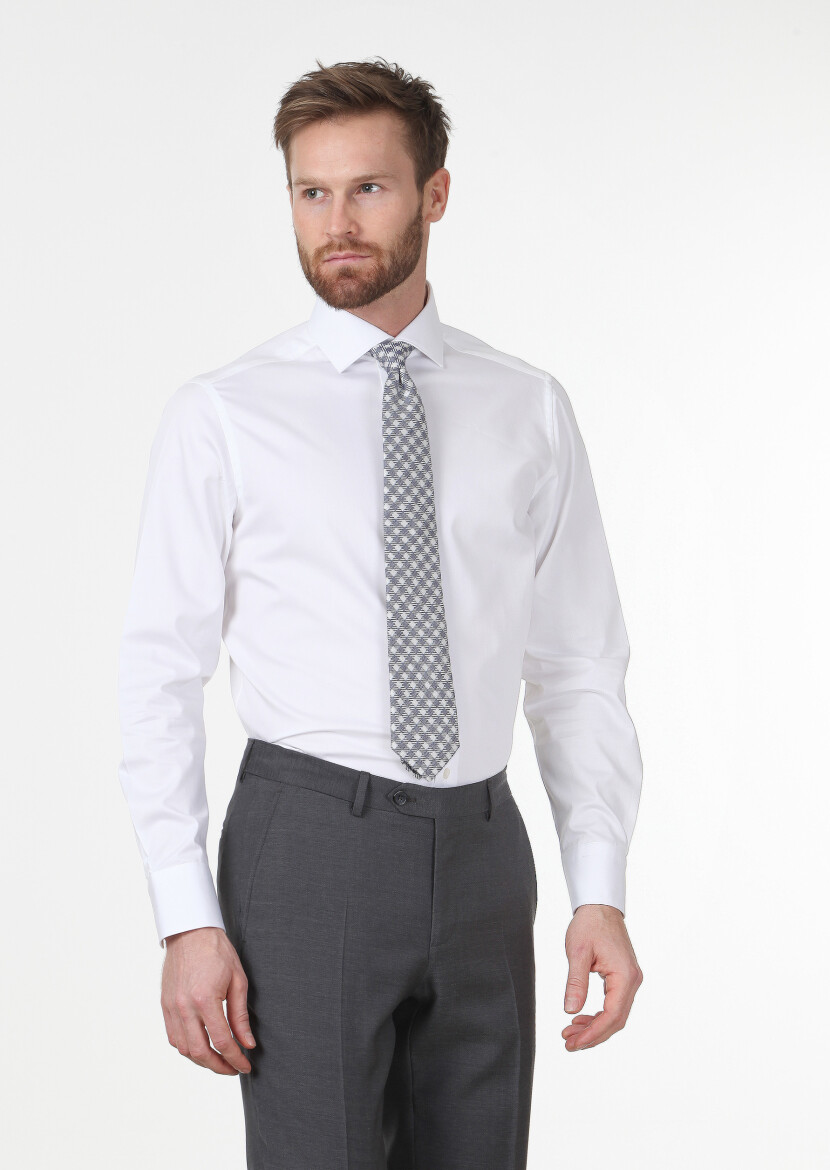 White Plain Regular Fit Weaving Classical 100% Cotton Shirt - 1