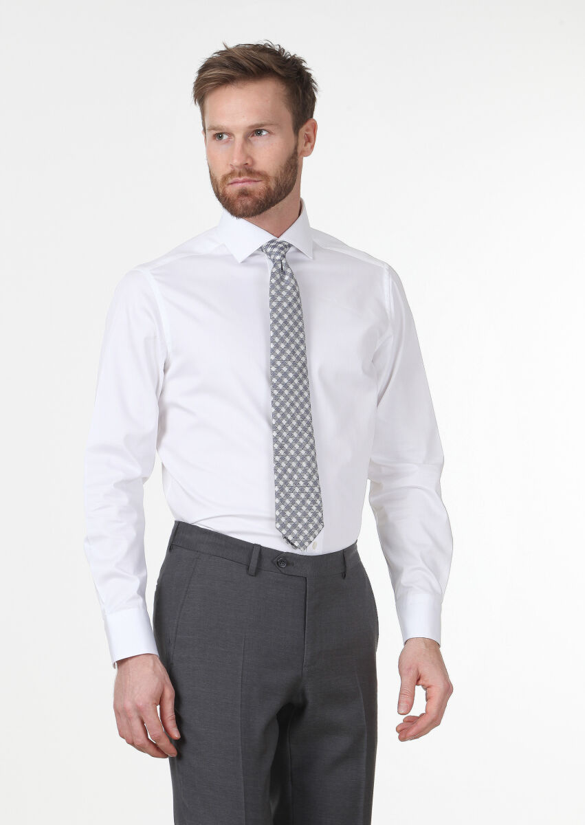 White Plain Regular Fit Weaving Classical 100% Cotton Shirt - 1