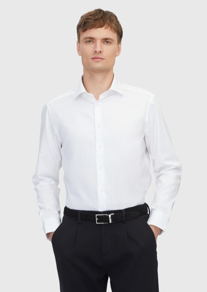 White Plain Regular Fit Weaving Classical 100% Cotton Shirt - RAMSEY