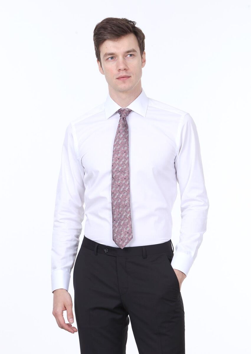 White Plain Regular Fit Weaving Classical Cotton Blended Shirt - 2