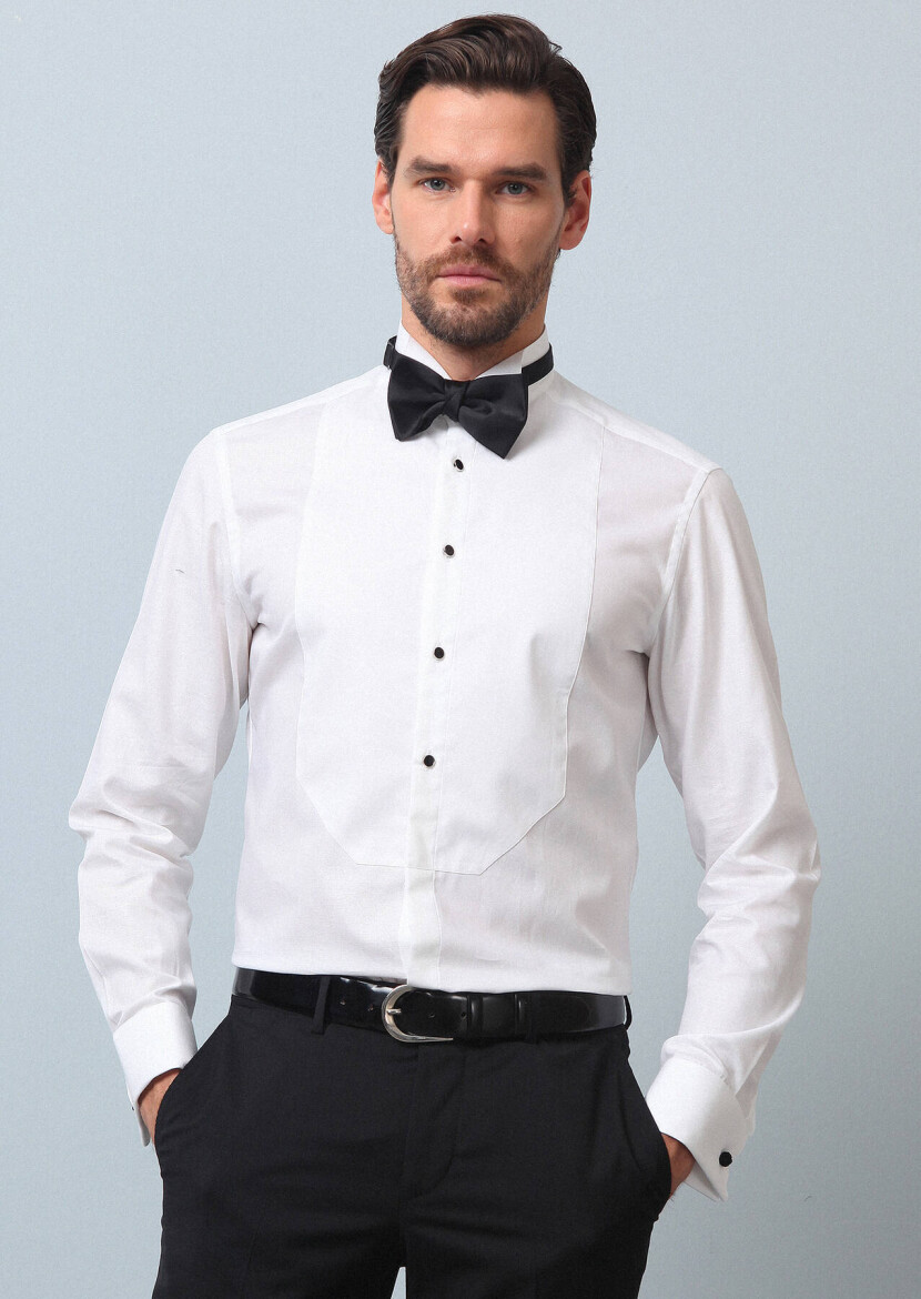 White Plain Slim Fit Double Cuff Wing Collar Tuxedo Shirts - RAMSEY