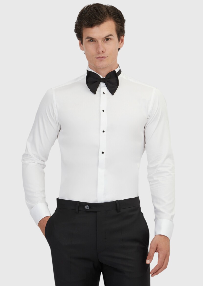 White Plain Slim Fit Double Cuff Wing Collar Tuxedo Shirts - RAMSEY