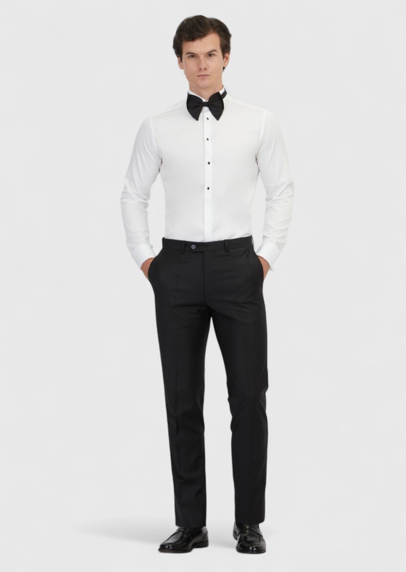 White Plain Slim Fit Double Cuff Wing Collar Tuxedo Shirts - RAMSEY