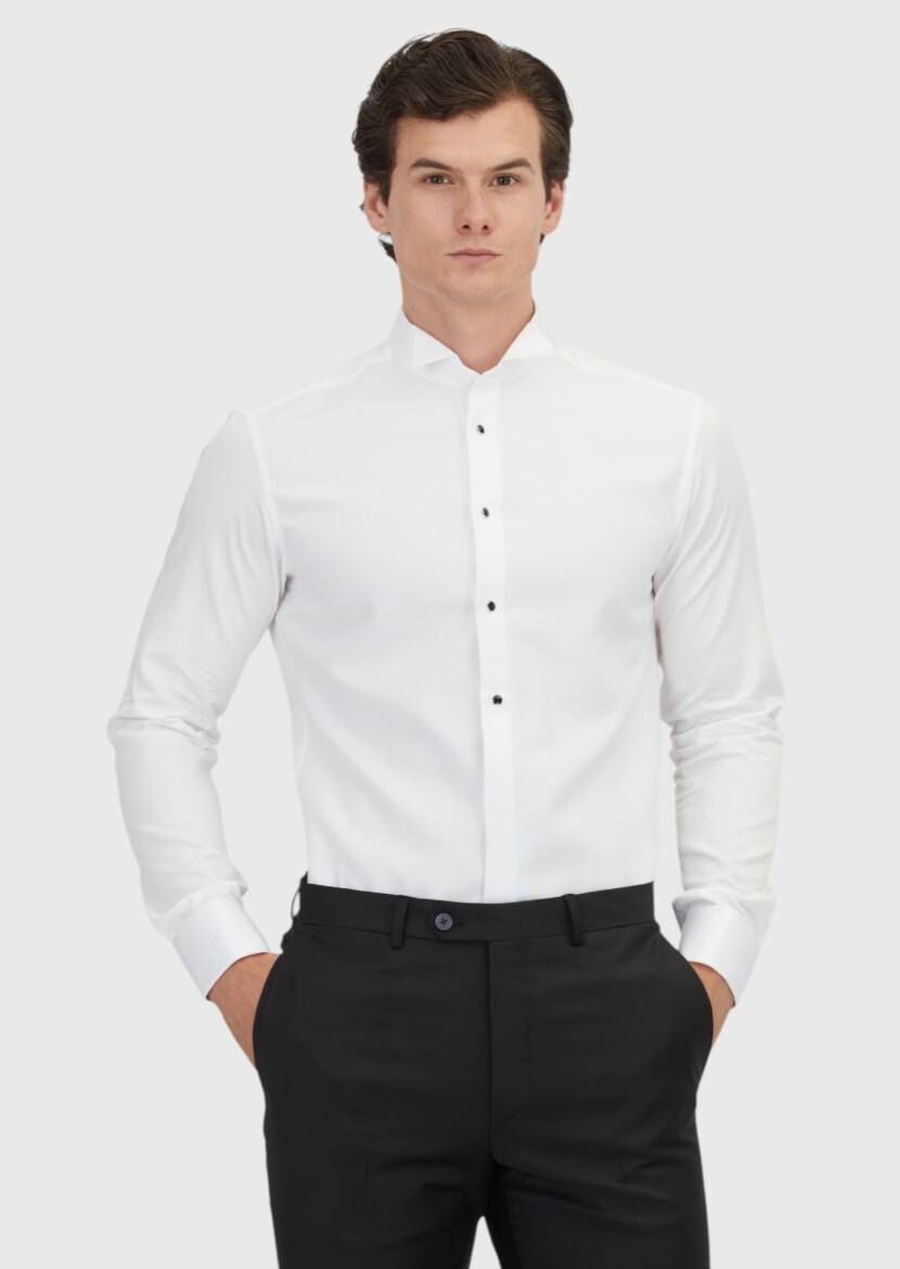 White Plain Slim Fit Double Cuff Wing Collar Tuxedo Shirts - RAMSEY
