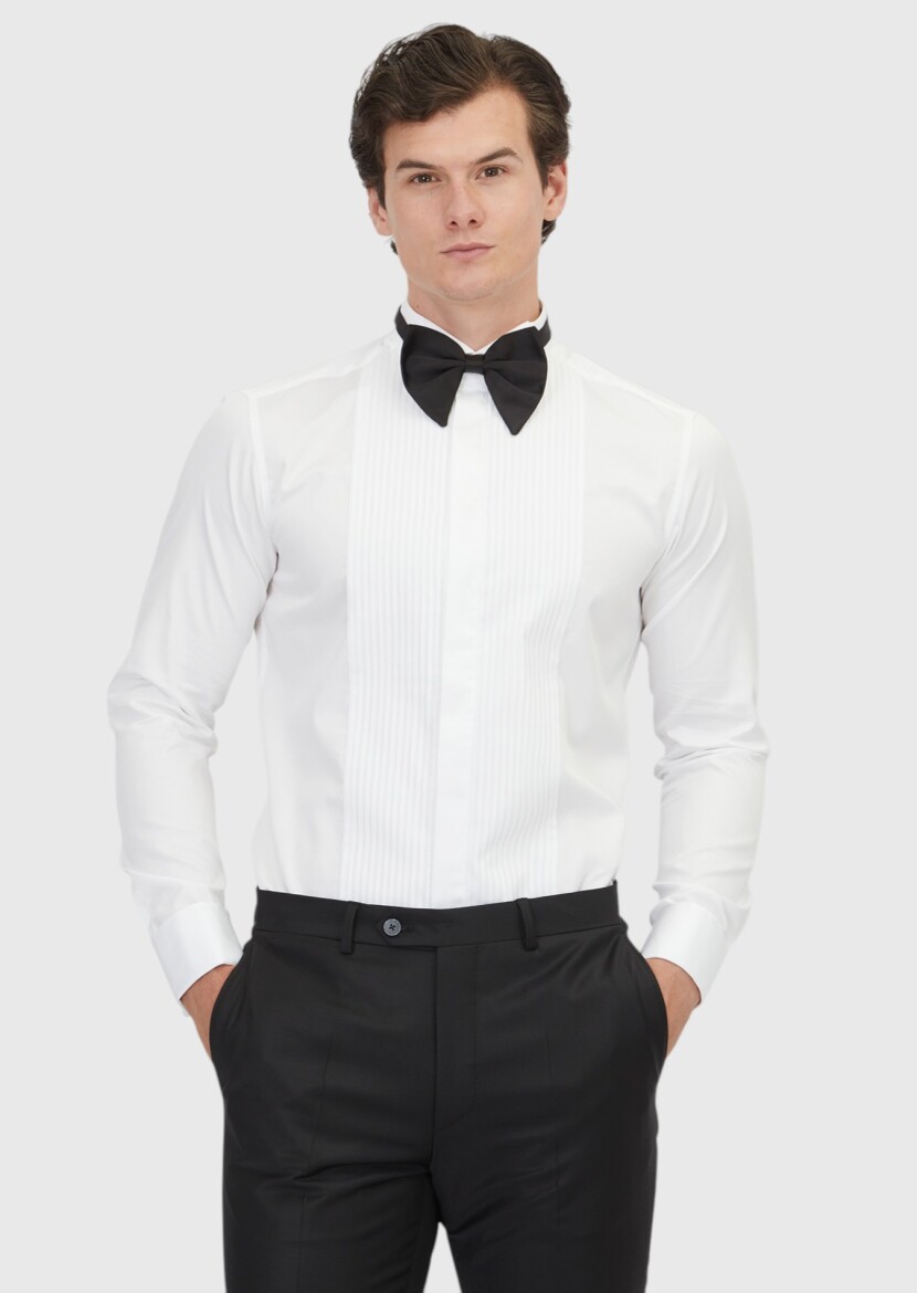 White Plain Slim Fit Double Cuff Wing Collar Tuxedo Shirts - RAMSEY