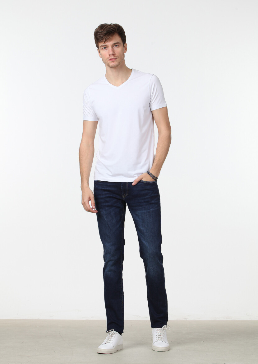White Plain V-Neck Cotton Blended T-Shirt 