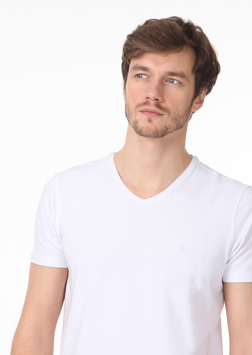 White Plain V-Neck Cotton Blended T-Shirt 