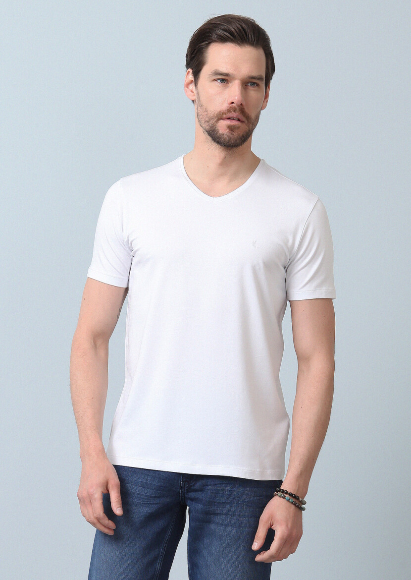 White Plain V-Neck Cotton Blended T-Shirt 