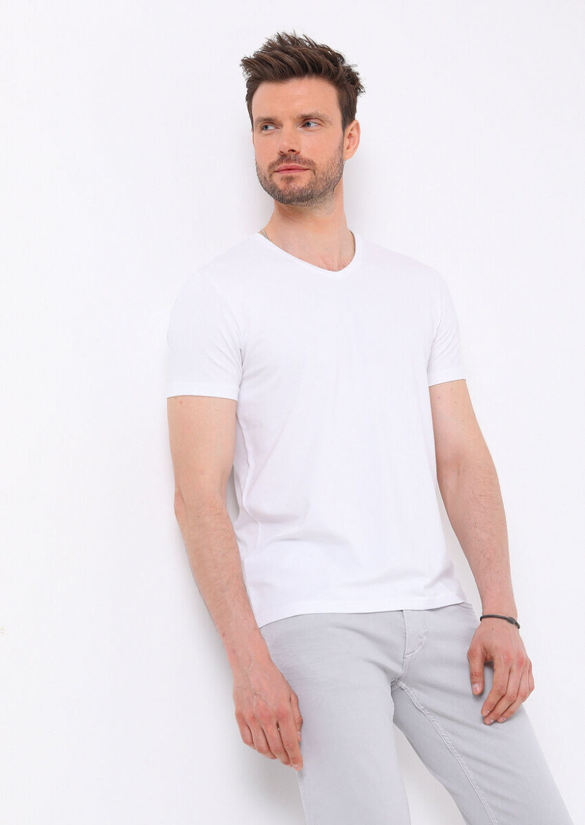 White Plain V-Neck Cotton Blended T-Shirt 