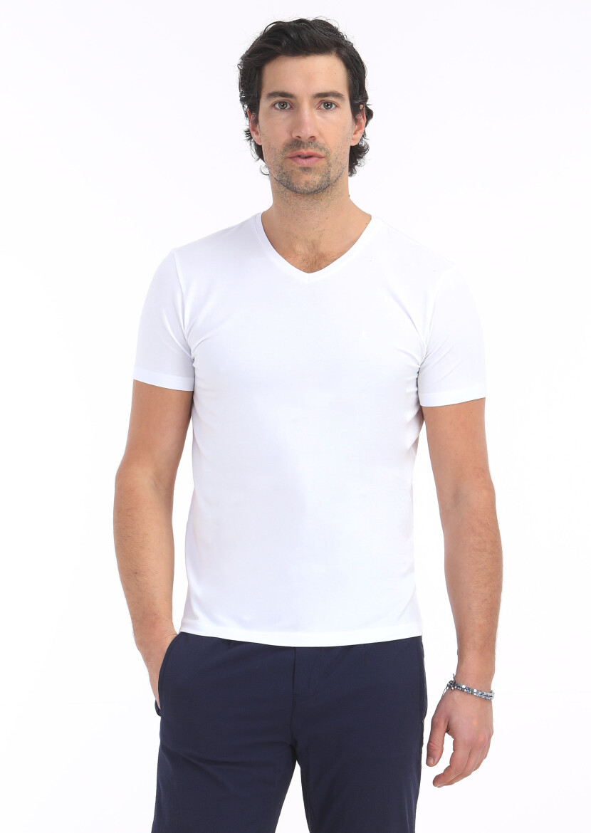 White Plain V-Neck Cotton Blended T-Shirt 