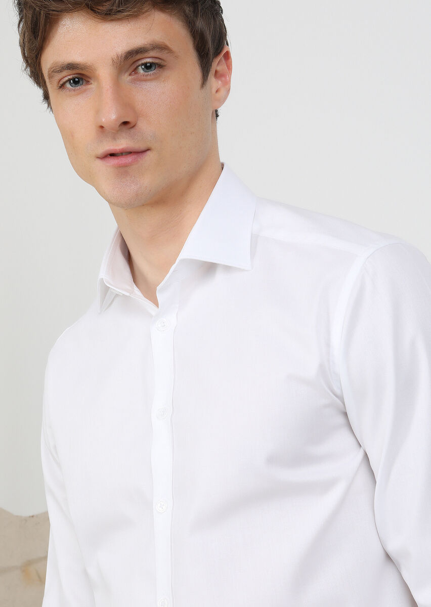 White Regular Fit Weaving Classical 100% Cotton Shirt - 1