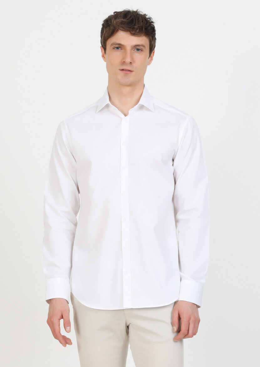 White Regular Fit Weaving Classical 100% Cotton Shirt - 2