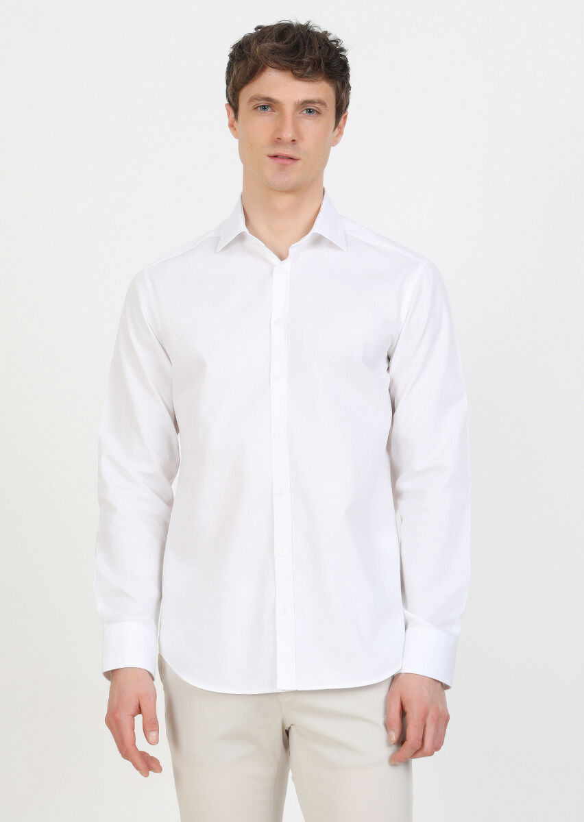 White Regular Fit Weaving Classical 100% Cotton Shirt - 2