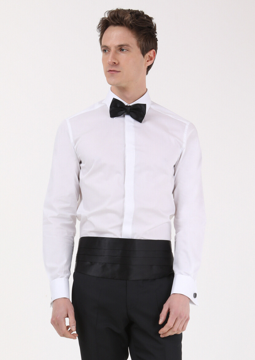 White Slim Fit Double Cuff Pointed Collar Tuxedo Shirts - RAMSEY