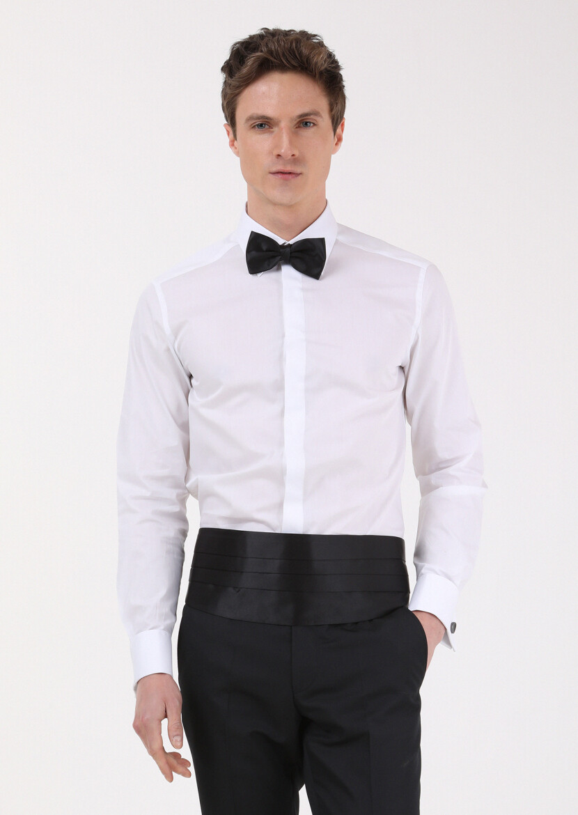 White Slim Fit Double Cuff Pointed Collar Tuxedo Shirts - RAMSEY