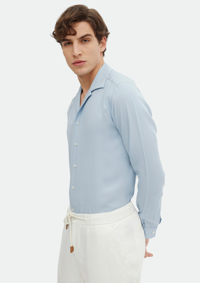 Blue Plain Regular Fit Weaving Classical Shirt - RAMSEY