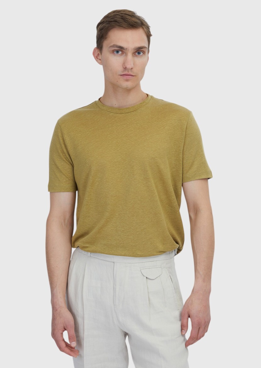 Yağ Yeşili Düz Bisiklet Yaka %100 Keten T-Shirt - RAMSEY