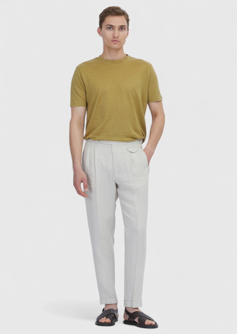 Yağ Yeşili Düz Bisiklet Yaka %100 Keten T-Shirt - RAMSEY