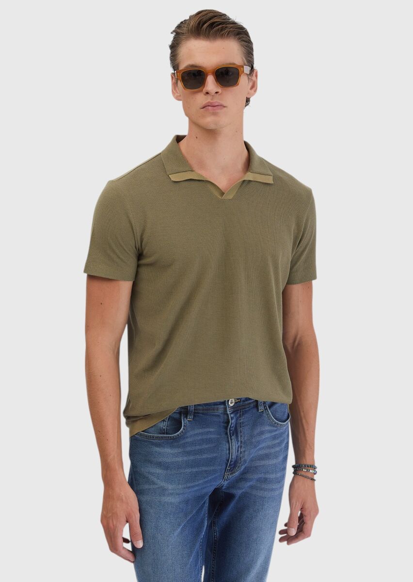 Yağ Yeşili Jakarlı Polo Yaka %100 Pamuk T-Shirt - 1