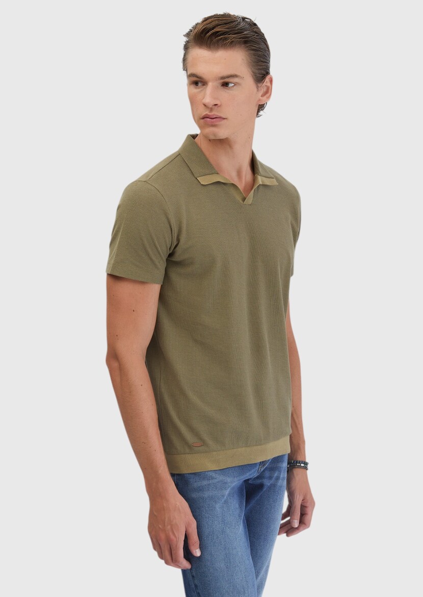Yağ Yeşili Jakarlı Polo Yaka %100 Pamuk T-Shirt - 3