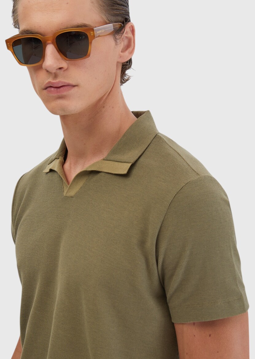 Yağ Yeşili Jakarlı Polo Yaka %100 Pamuk T-Shirt - 6