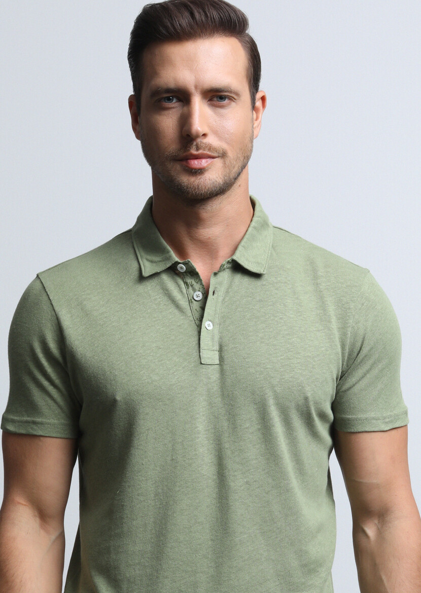 Yeşil Baskılı Polo Yaka Pamuk Karışımlı T-Shirt 
