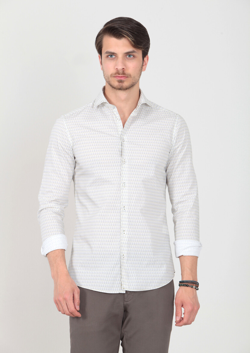 Yeşil Baskılı Slim Fit Dokuma Casual %100 Pamuk Gömlek - 2