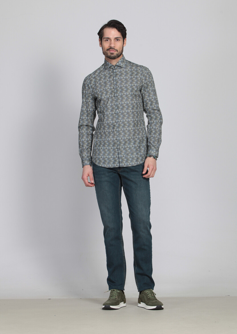 Yeşil Baskılı Slim Fit Dokuma Casual %100 Pamuk Gömlek 