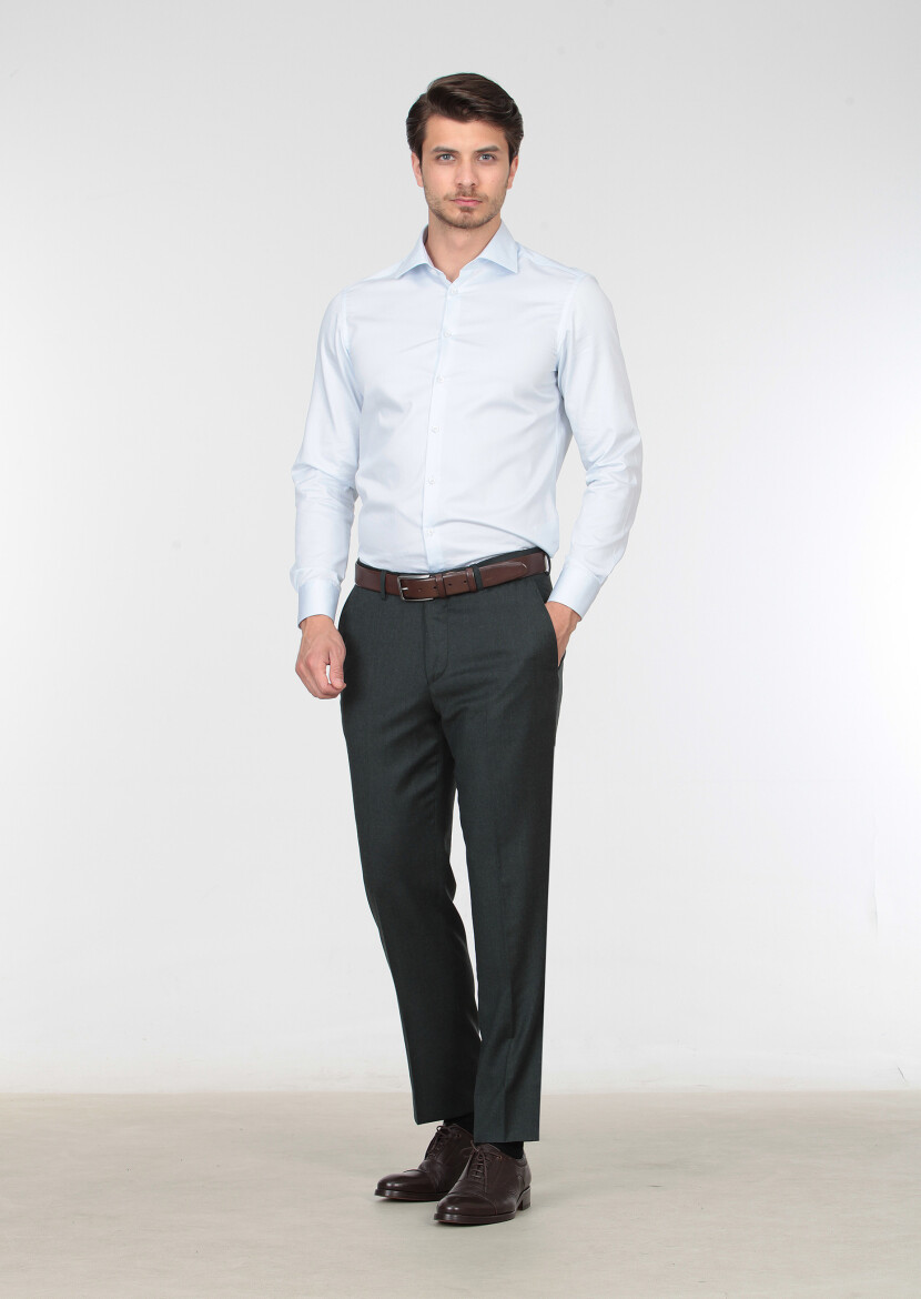 Yeşil Düz Dokuma Regular Fit Klasik %100 Yün Pantolon 