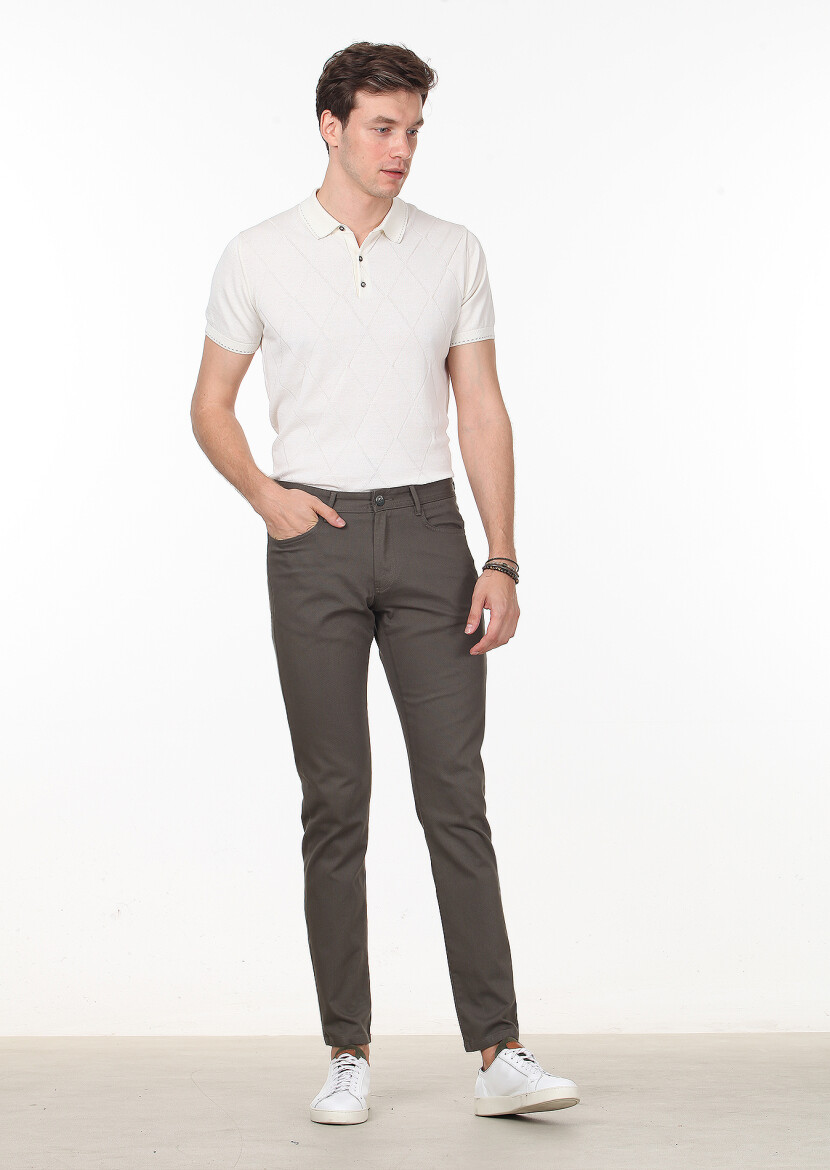 Yeşil Düz Dokuma Slim Fit Casual Pamuk Karışımlı Pantolon 